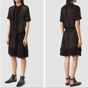 All Saints Abel Emrys Sheer Black Embroidered Ruffle Dress, US 6
